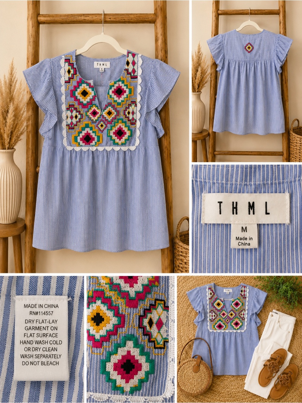 THML Blue Striped Tunic with Multicolor Embroidery Size M